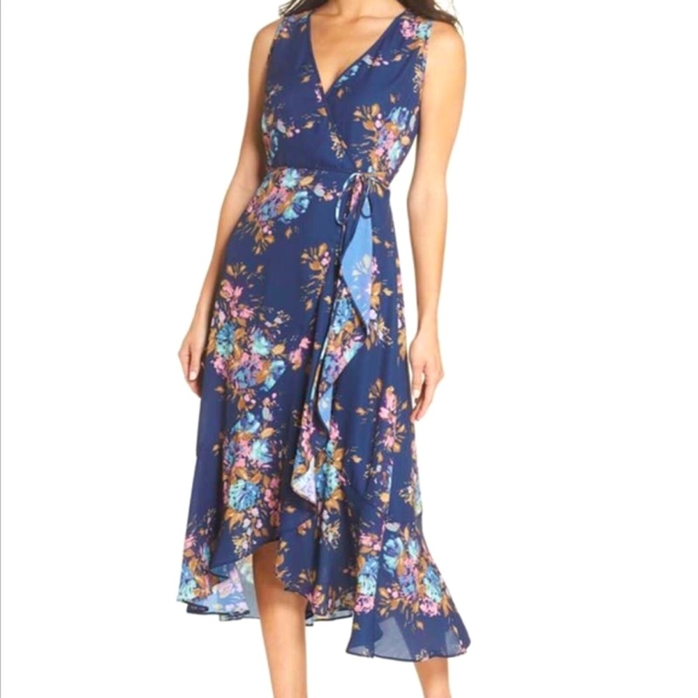 NWT Charles Henry Floral Ruffle Wrap Midi Dress Side Tie Navy Sz M